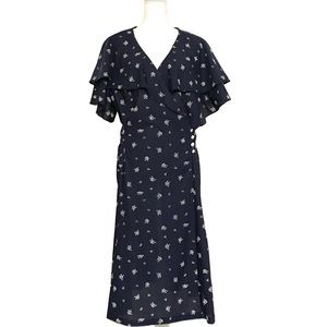 Vintage Navy Rose Print Flutter Sleeve Dress